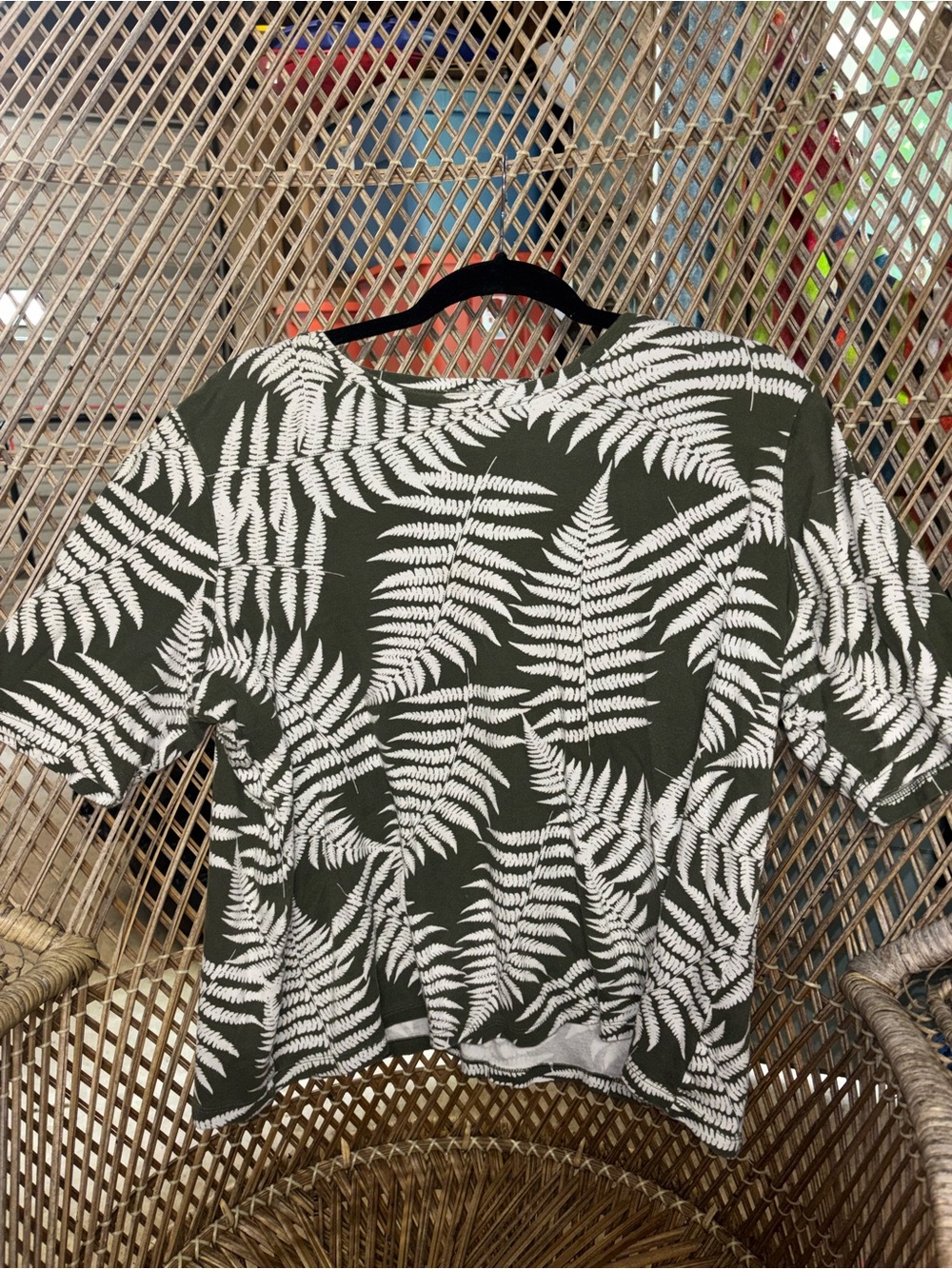 Kim Rogers Olive Green Fern-Print Short Sleeve Top